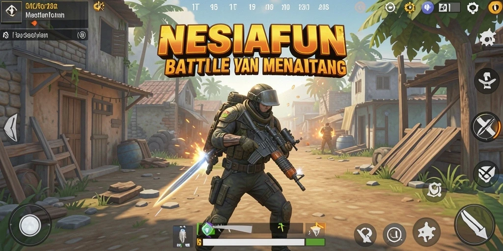 Tangkapan layar gameplay NESIAFUN menunjukkan aksi mendebarkan pemain bertarung di medan perang.