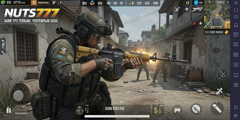 Tampilan aksi mendebarkan dalam game FPS NUTS777.