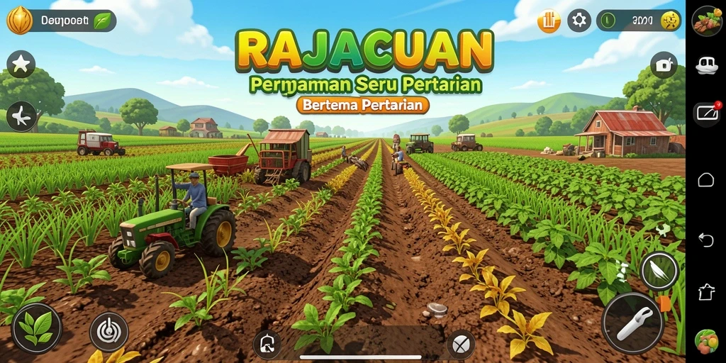 Screenshot dari gameplay RAJACUAN yang menunjukkan ladang yang subur.