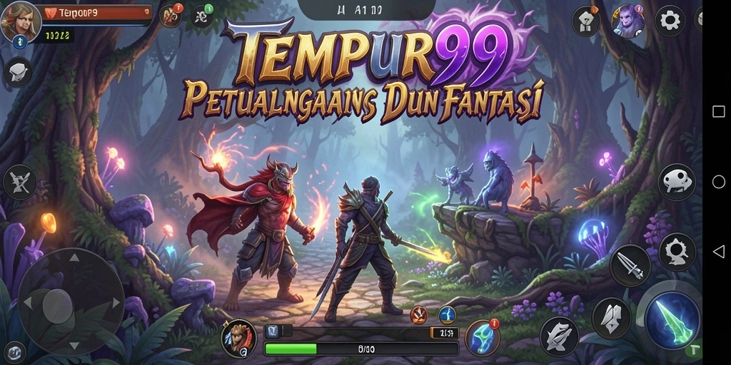 Tangkapan layar TEMPUR99 menampilkan pertempuran seru dan pemandangan dunia fantasi.